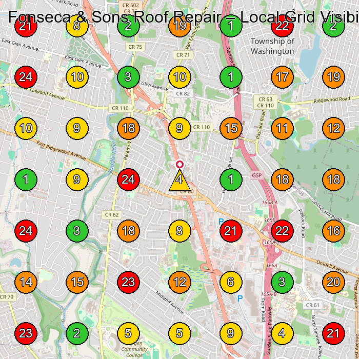 Fonseca & Sons Roof Repair Roofing Contractor GeoGrid ranking map for Paramus NJ